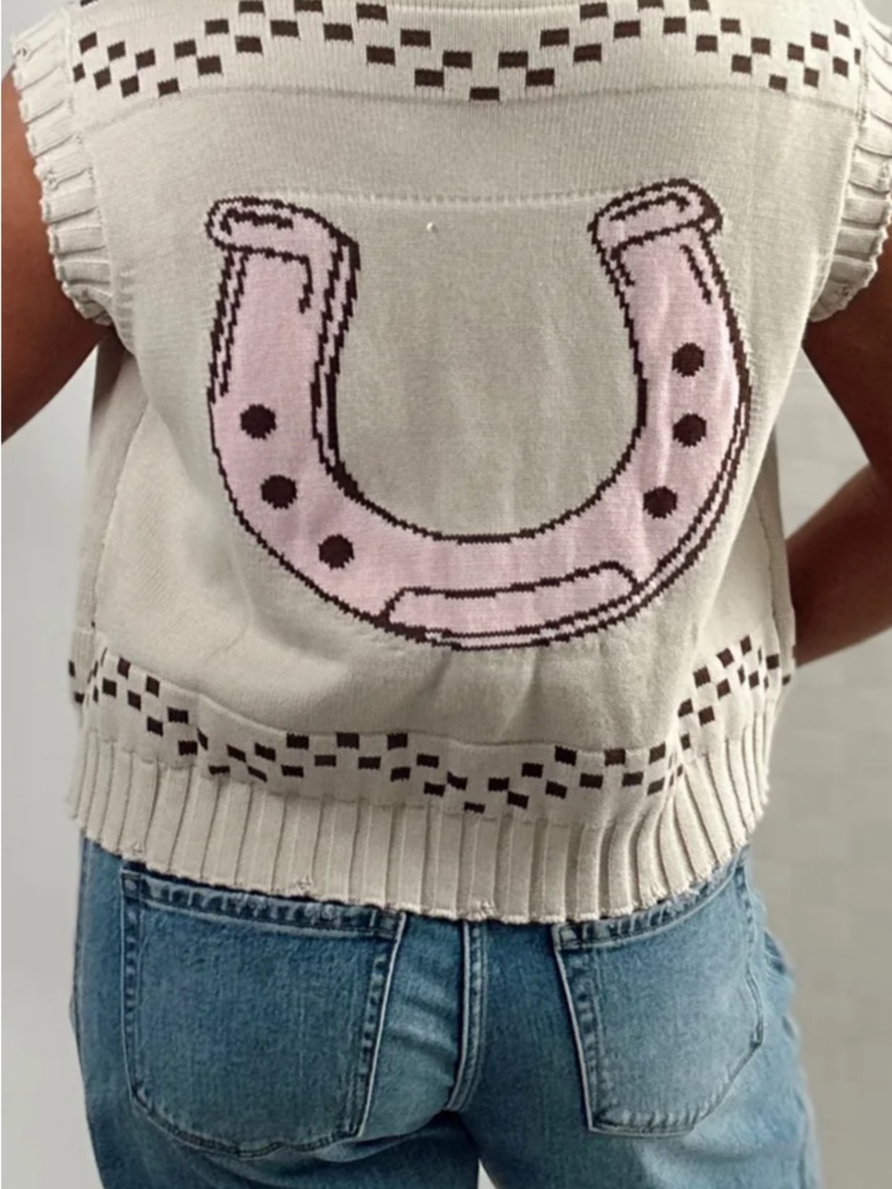Beige Horse-Print Button-Up Sweater Vest with Pink Striped Collar